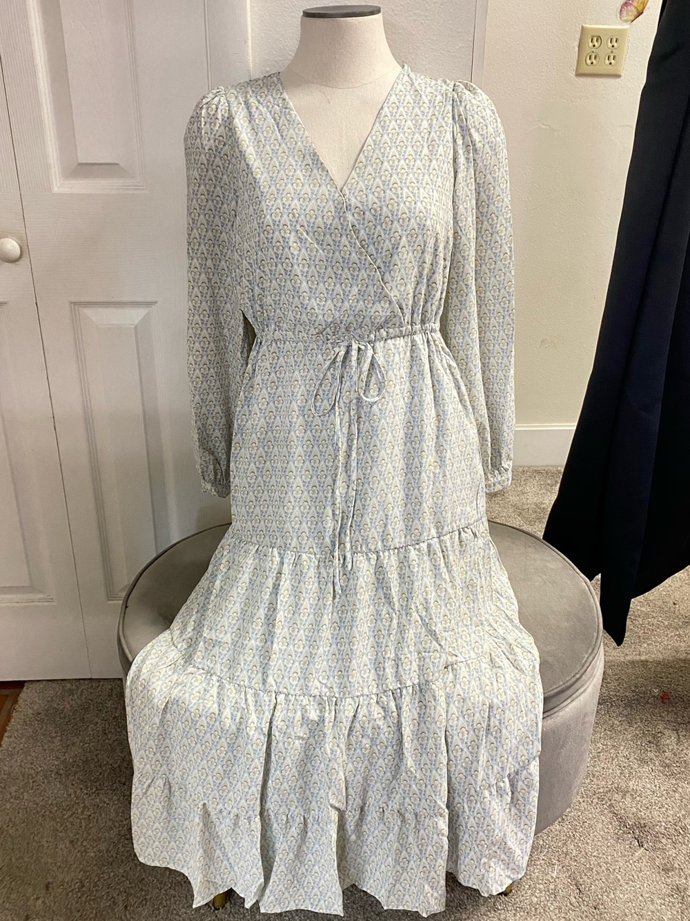 Paper Crane Light Blue Printed Tiered Maxi Dress with Drawstring Waist